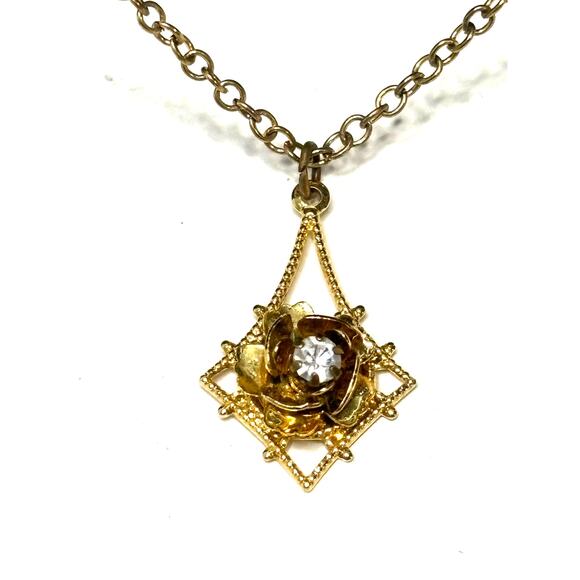 Vintage Edwardian Style Lavalier Pendant Necklace Rhinestone Gold Tone Delicate - Picture 1 of 6